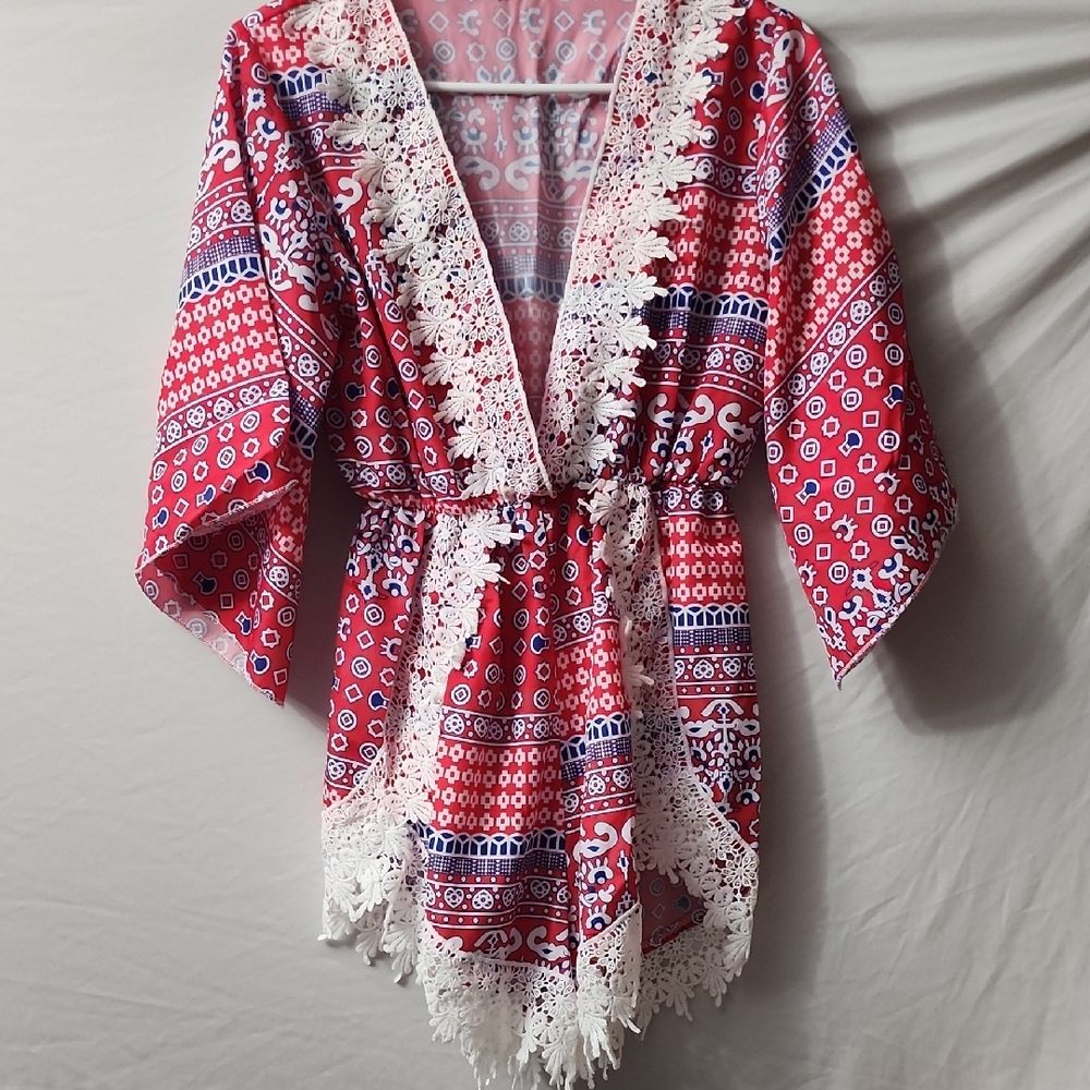 Red Patterned Kimono with Lace Trim